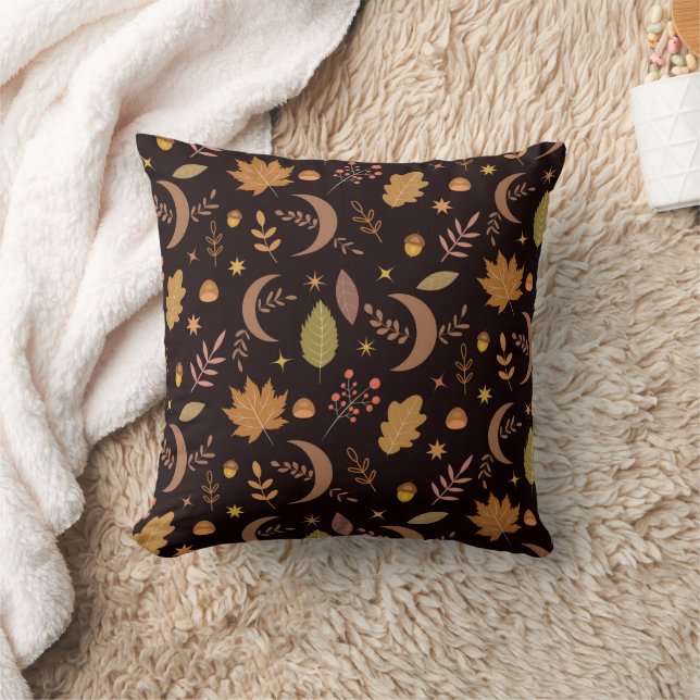 Boho Moon with autumn leaves pattern Cushion (Blanket)