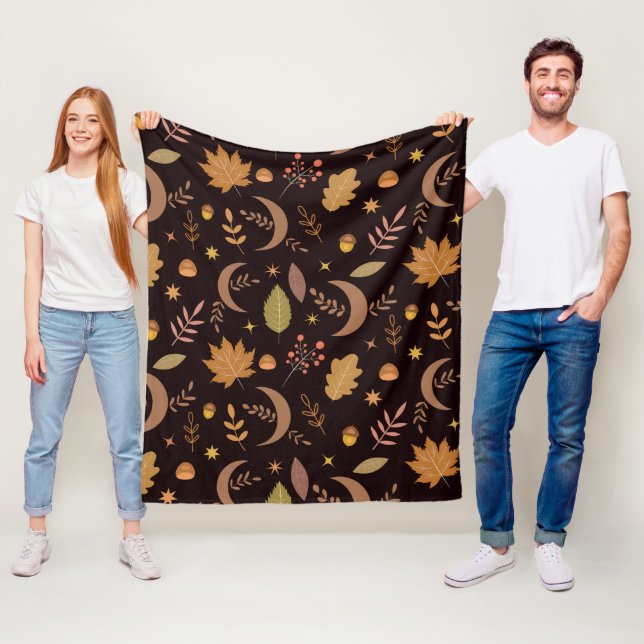 Boho Moon with Autumn Leaves Pattern    Fleece Blanket (In Situ)