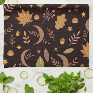 Boho Moon with autumn leaves pattern Tea Towel