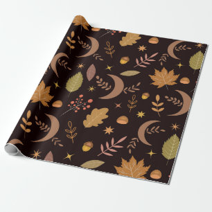 Boho Moon with Autumn Leaves Pattern   Wrapping Paper