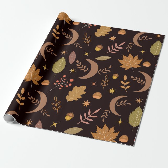 Boho Moon with Autumn Leaves Pattern   Wrapping Paper (Unrolled)