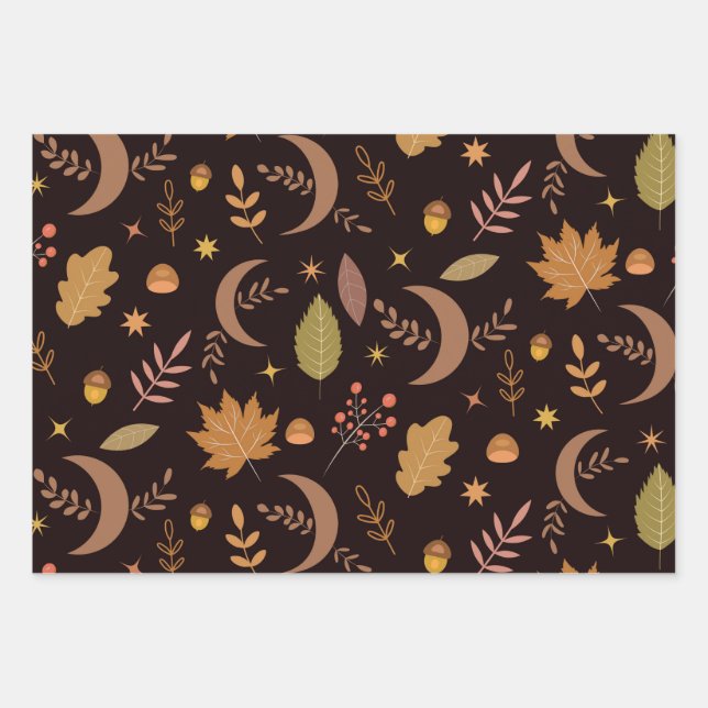Boho Moon with autumn leaves pattern  Wrapping Paper Sheet (Front)