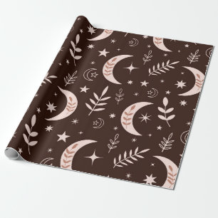 Boho Moon with Leaves and Stars Brown  Wrapping Paper