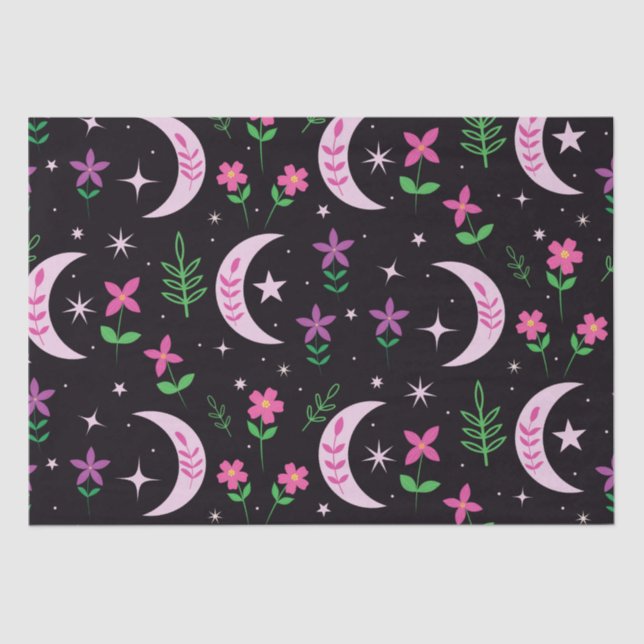 Boho Moon  with Pink Flowers and Leaves Tissue Paper (Front)
