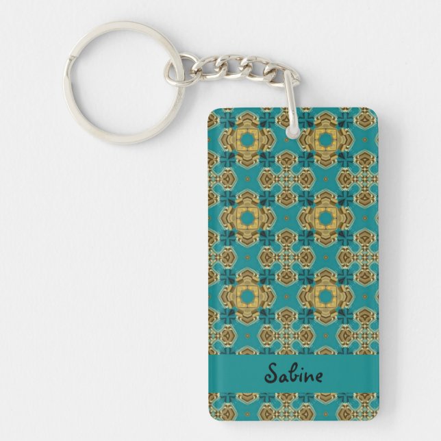 Boho Moroccan Tile Blue and Gold Acrylic Keychain (Front)