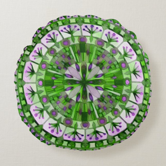 Boho Mosaic Tile Green Grass -  Round Cushion (Front)