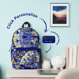 Boho Mosaic Tile Navy Blue Water -Printed Backpack