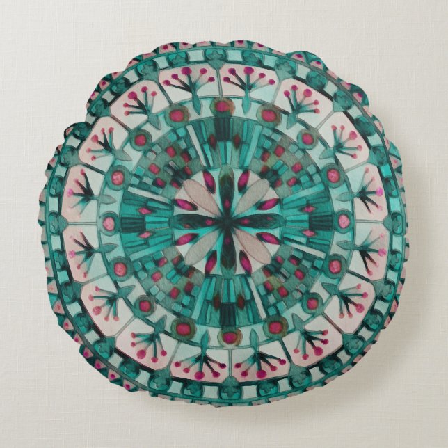 Boho Mosaic Tile Teal Ocean -  Round Cushion (Front)