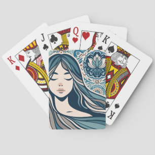 Boho Mosaic Woman Portrait with Floral Blue Art Playing Cards
