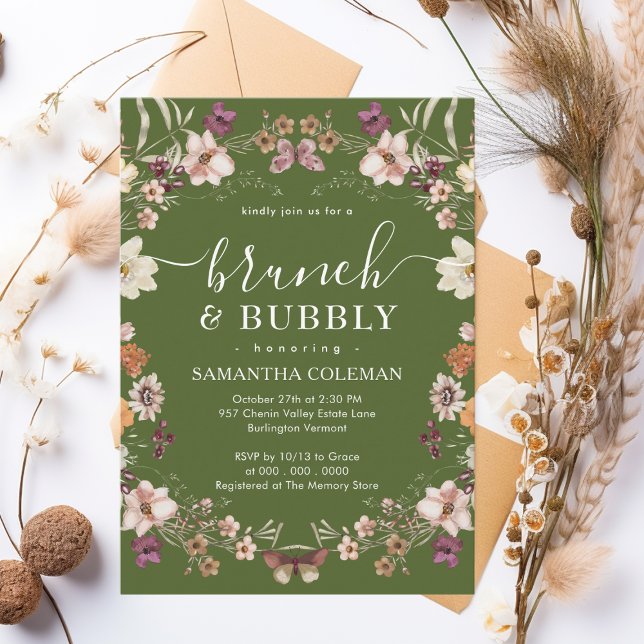 Boho Moss Green Brunch and Bubbly Bridal Shower Invitation (Creator Uploaded)