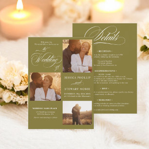 Boho mossy green all in one script photos wedding invitation
