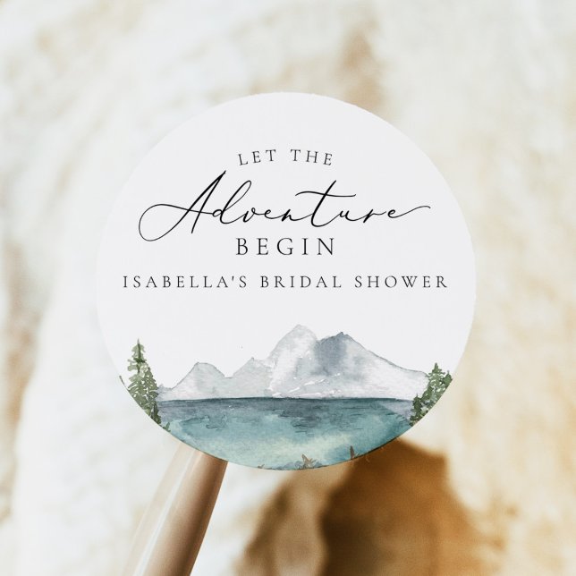 Boho Mountain Lake Adventure Bridal Shower Classic Round Sticker (Creator Uploaded)
