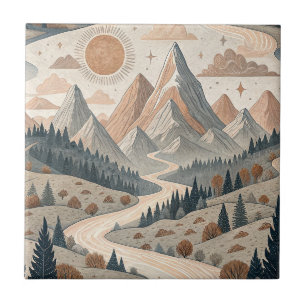 Boho Mountain River Abstract Landscape Pattern Art Tile