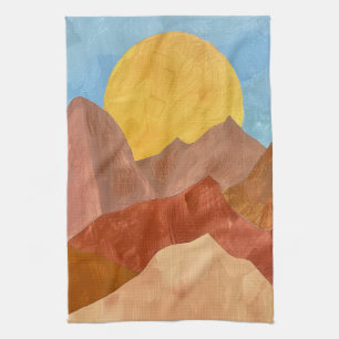 Boho Mountain Sunset – Warm Earth Tone Landscape Tea Towel