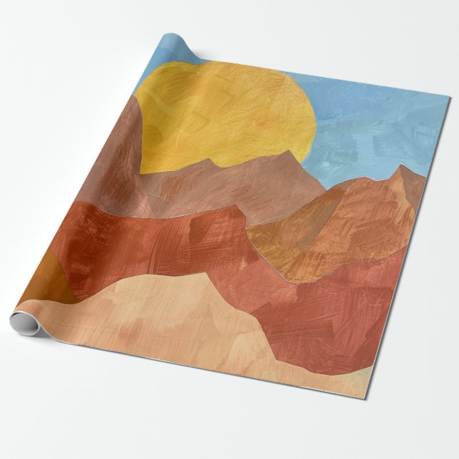Boho Mountain Sunset – Warm Earth Tone Landscape Wrapping Paper (Unrolled)