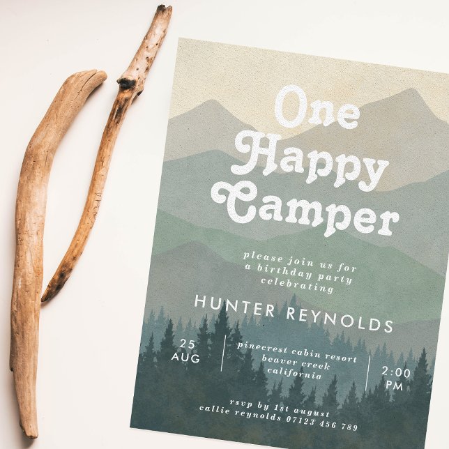 Boho Mountains One Happy Camper Boys 1st Birthday Invitation (Creator Uploaded)