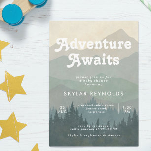 Boho Mountains Retro Blue Baby Shower Invitation