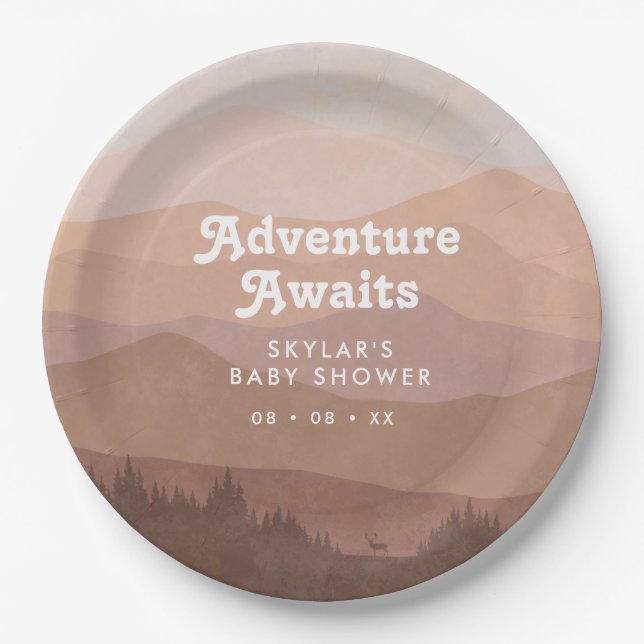 Boho Mountains Retro Pink Baby Shower Paper Plate (Front)