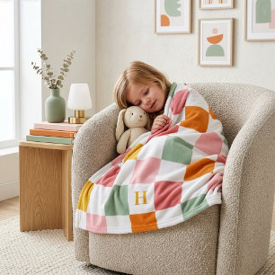 Boho Multicolor Chequerboard Monogram Fleece Blanket
