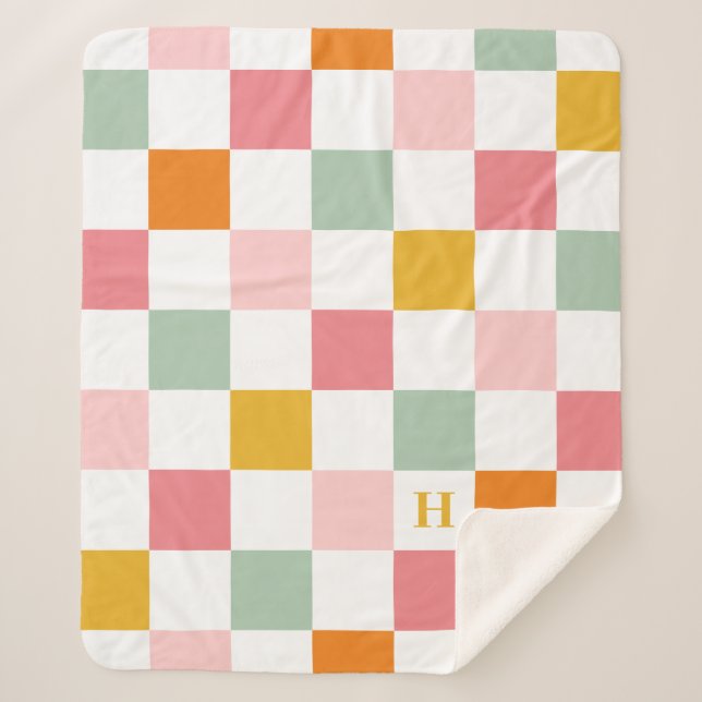 Boho Multicolor Chequerboard Monogram Sherpa Blanket (Front)
