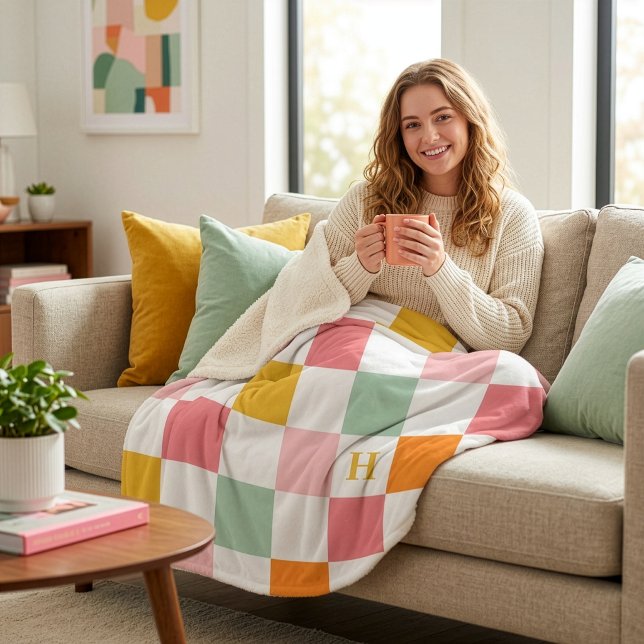 Boho Multicolor Chequerboard Monogram Sherpa Blanket (Creator Uploaded)