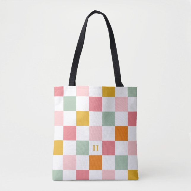 Boho Multicolor Chequerboard Monogram Tote Bag (Front)