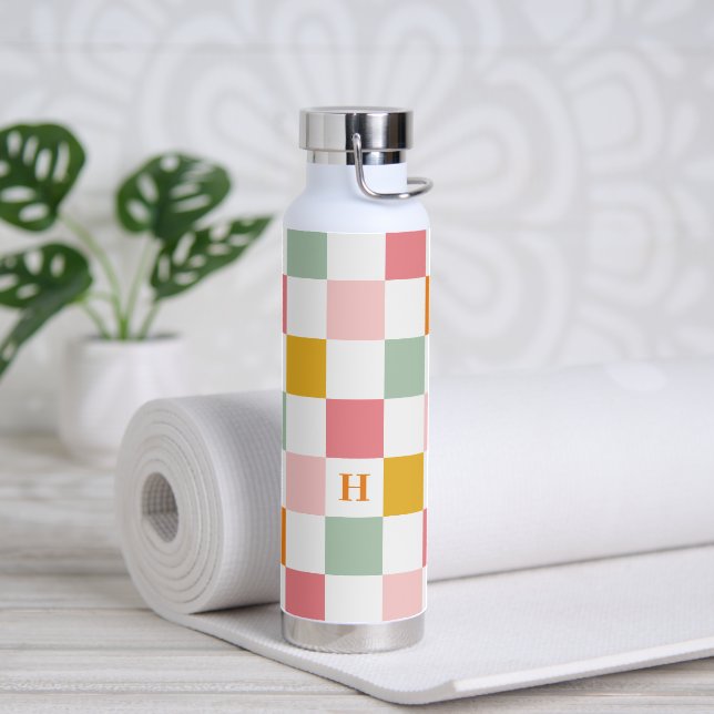 Boho Multicolor Chequerboard Monogram Water Bottle (Yoga)