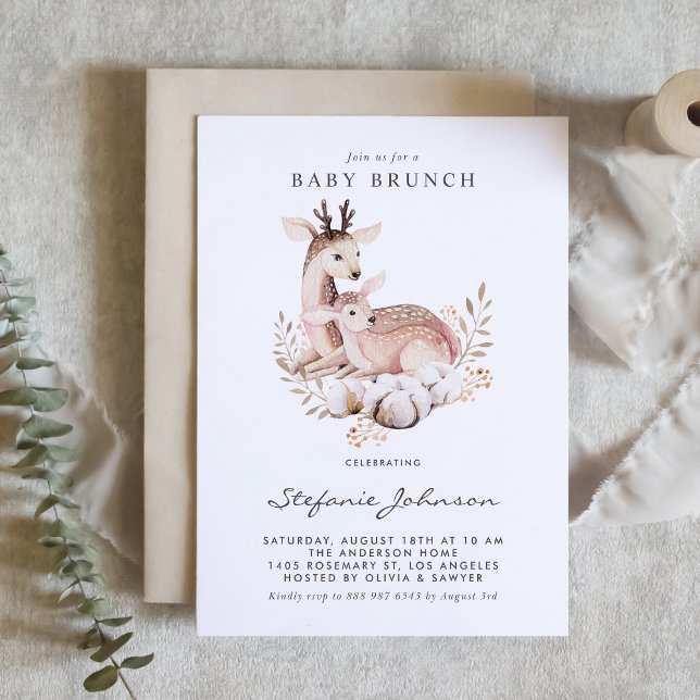 Boho Mummy and Baby Deer Woodland Baby Brunch Invitation (Woodland theme baby brunch invitation featuring watercolor mommy and baby deer with foliage wreath. )