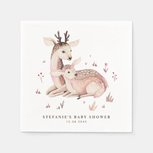 Boho Mummy and Baby Deer Woodland Baby Shower Napkin (Front)