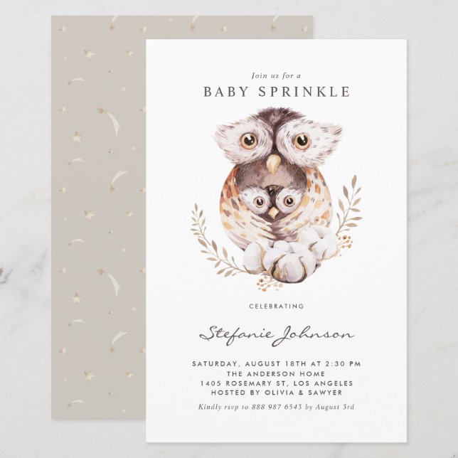 Boho Mummy and Baby Owl Baby Sprinkle Invitation (Front/Back)