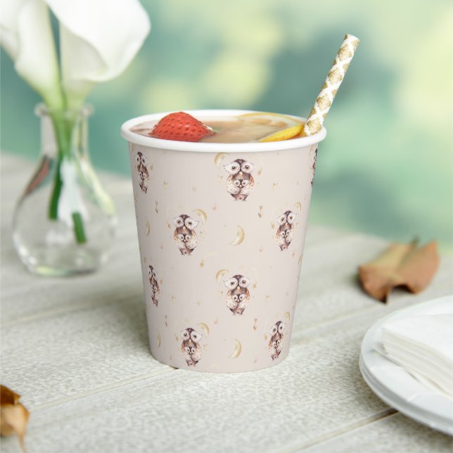 Boho Mummy and Baby Owl Pattern Baby Shower Paper Cups (Insitu)