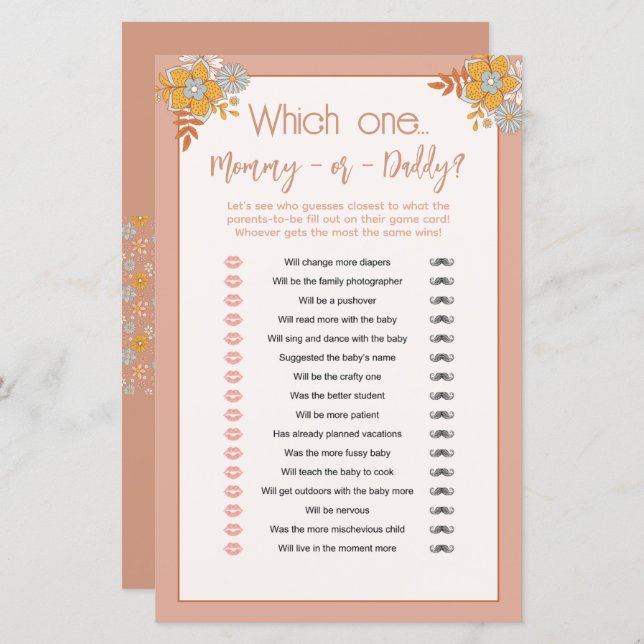 Boho Mummy or Daddy Baby Shower Guessing Game (Front/Back)