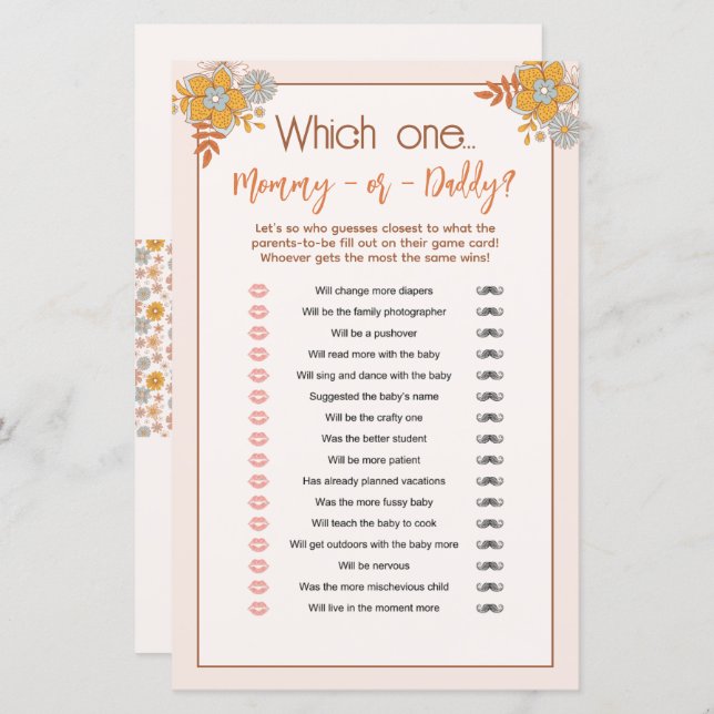 Boho Mummy or Daddy Baby Shower Guessing Game (Front/Back)