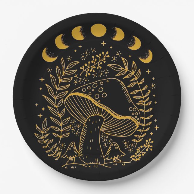 Boho Mushroom, Hippie Mushroom, Mystic Moon Paper Plate (Front)