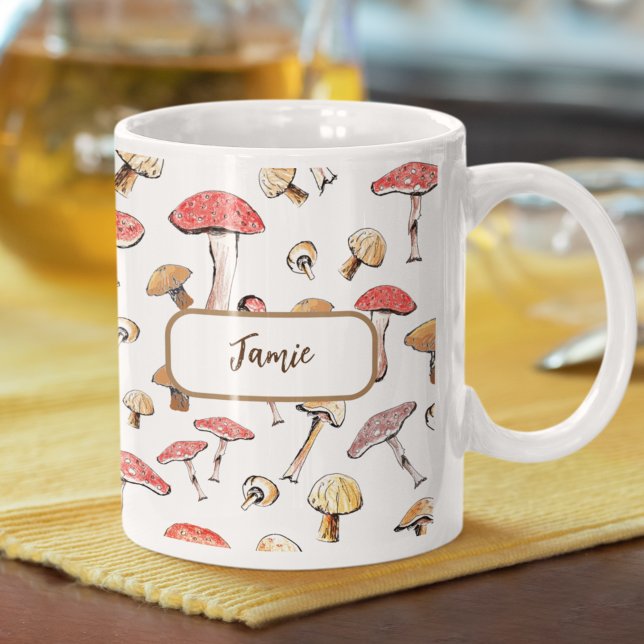 Boho Mushrooms Hand-Drawn Toadstools Personalised Coffee Mug (This personalized nature mug is hand-illustrated with unique images of delicate mushrooms.)