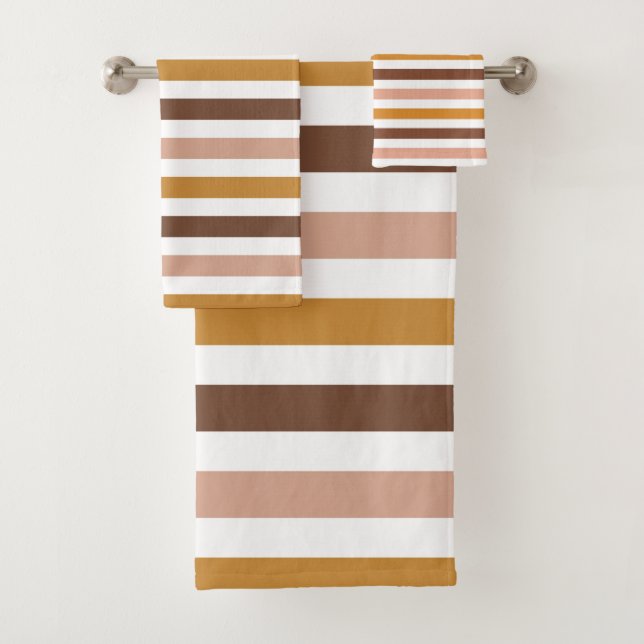 Boho Mustard Brown Pink Stripes Retro Modern Bath Towel Set (Insitu)