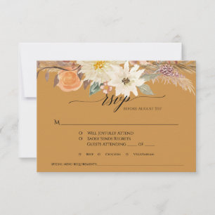 BOHO Mustard Gold Fall Floral Pampas Grass Wedding RSVP Card