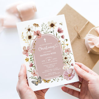 Boho Muted Blush Wildflower Meadow Christening Invitation