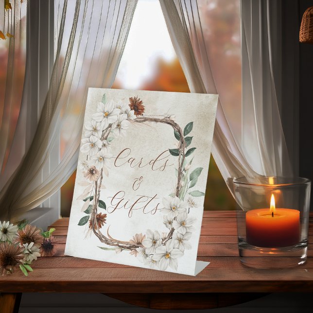 Boho Muted Fall Floral Bridal Cards and Gifts Pedestal Sign (Boho Muted Fall Floral and Grapevine Wreath Bridal Shower Cards and Gifts Pedestal Sign)