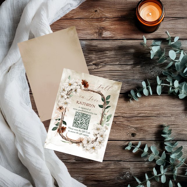Boho Muted Fall Floral Bridal Registry QR Code Card (Boho Muted Fall Floral and Grapevine Wreath Fall in Love Bridal Shower QR Code Registry Insert Card)