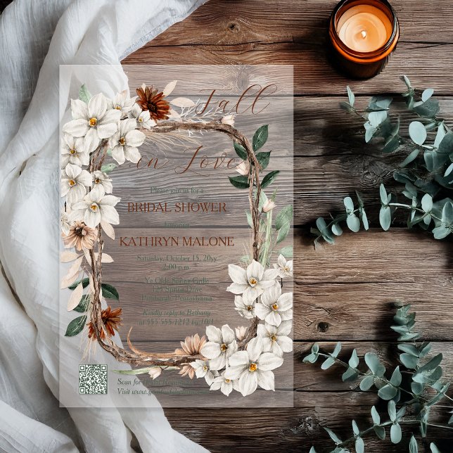 Boho Muted Fall Floral Fall in Love Bridal Shower Acrylic Invitations (Boho Muted Fall Floral and Grapevine Wreath "Fall in Love" Bridal Shower Acrylic Invitation)