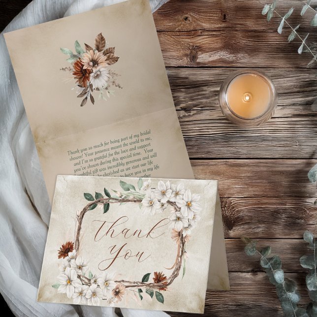 Boho Muted Fall Floral Fall in Love Bridal Shower Thank You Card (Boho Muted Fall Floral and Grapevine Wreath "Fall in Love" Bridal Shower Collection Thank You)