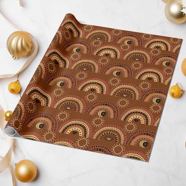 Boho Mystic Eye Rainbow Brown Background  Wrapping Paper (Creator Uploaded)
