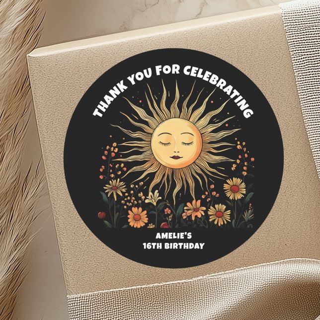 Boho Mystical Sun Birthday  Classic Round Sticker (Creator Uploaded)