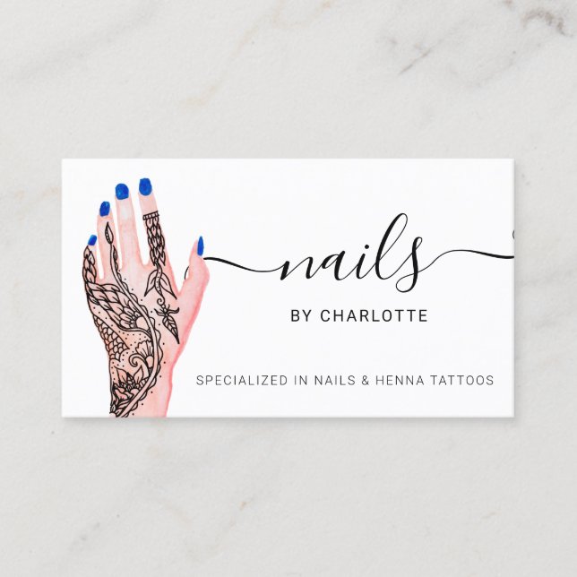 Boho nails blue henna tattoos illustration business card (Front)