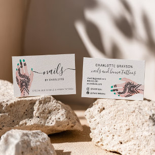 Boho nails green henna tattoos illustration business card