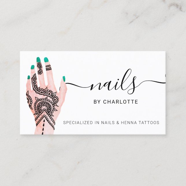 Boho nails green henna tattoos illustration business card (Front)