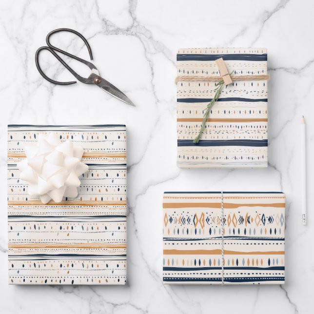 Boho native ethnic navy rusty terracotta stripes wrapping paper sheet (Front)