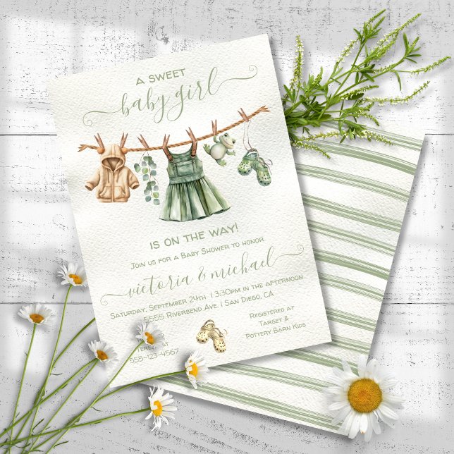 Boho Nature Baby Shower Girl Clothesline Invitation (Creator Uploaded)