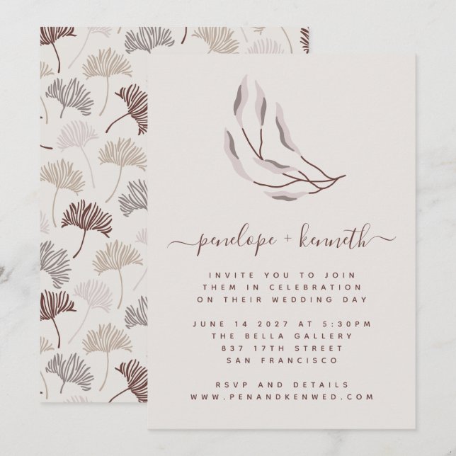 Boho Nature Burgundy and Taupe Botanical Wedding Invitation (Front/Back)